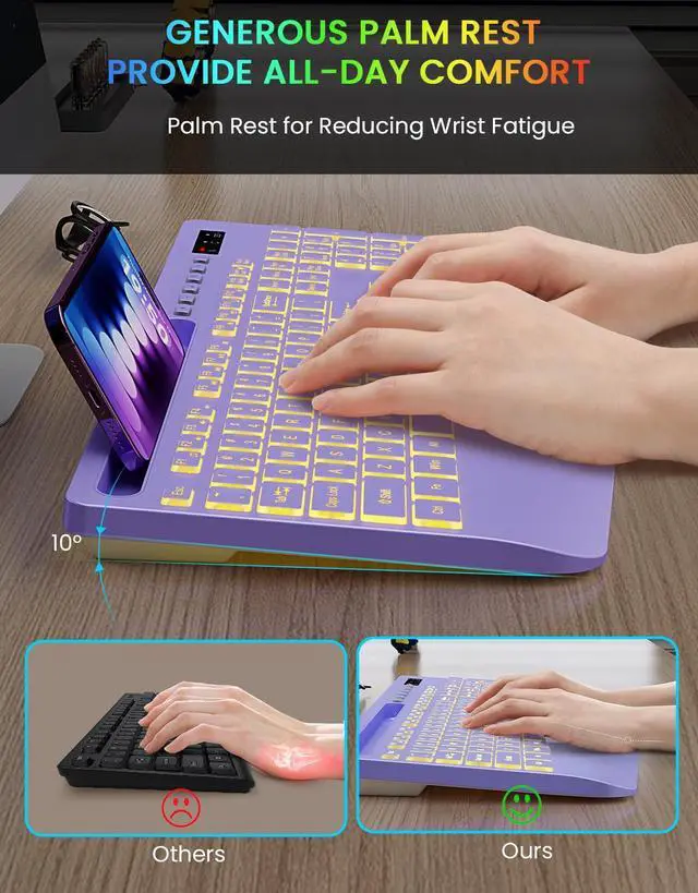 Alt view image 3 of 5 - Wireless Keyboard with 7 Colored Backlits, Wrist Rest, Phone Holder, Rechargeable Ergonomic Computer Keyboard with Silent Keys, Full Size Lighted Keyboard for Windows, MacBook, PC, Laptop (Purple)