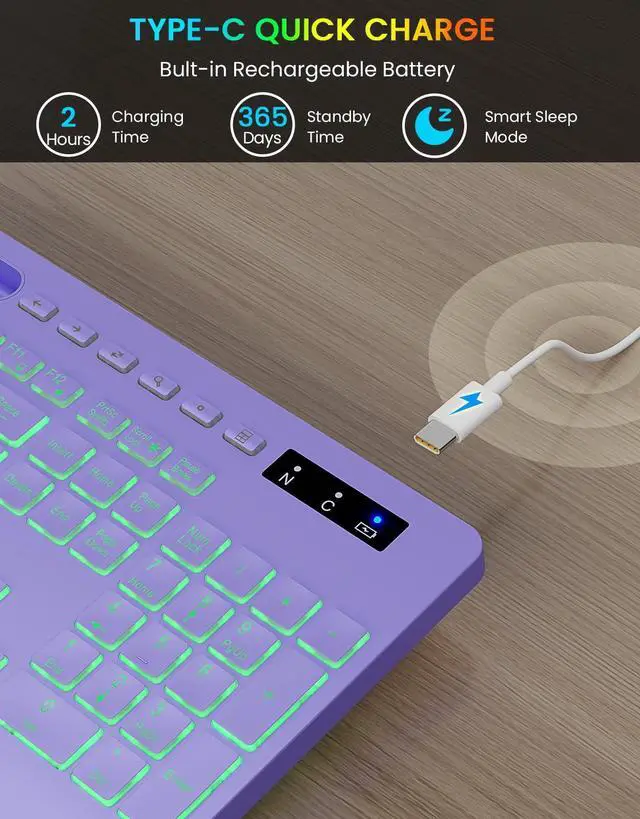 Alt view image 4 of 5 - Wireless Keyboard with 7 Colored Backlits, Wrist Rest, Phone Holder, Rechargeable Ergonomic Computer Keyboard with Silent Keys, Full Size Lighted Keyboard for Windows, MacBook, PC, Laptop (Purple)