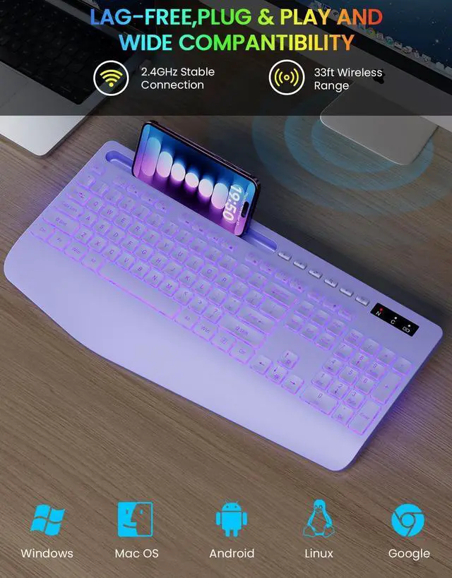 Alt view image 5 of 5 - Wireless Keyboard with 7 Colored Backlits, Wrist Rest, Phone Holder, Rechargeable Ergonomic Computer Keyboard with Silent Keys, Full Size Lighted Keyboard for Windows, MacBook, PC, Laptop (Purple)