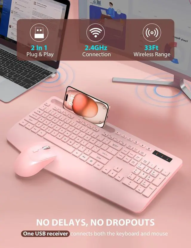 Alt view image 4 of 5 - Wireless Keyboard and Mouse Combo - Full-Sized Ergonomic Keyboard with Wrist Rest, Phone Holder, Sleep Mode, Silent 2.4GHz Cordless Keyboard Mouse Combo for Computer, PC, Laptop, Mac, Windows -Trueque