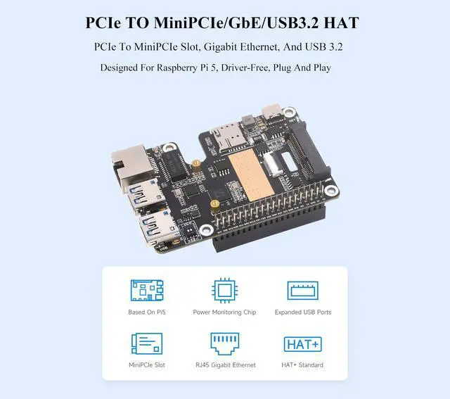 Alt view image 2 of 5 - PCIe to MiniPCIe/Gigabit Ethernet/USB 3.2 Gen1 HAT for Raspberry Pi 5, HAT+ Standard, Supports MiniPCIe Interface 4G Module, Extend PCIe Interface to Two USB 3.2 Gen1 Ports, Support Multi-System