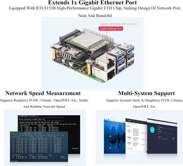 Alt view image 5 of 5 - PCIe to MiniPCIe/Gigabit Ethernet/USB 3.2 Gen1 HAT for Raspberry Pi 5, HAT+ Standard, Supports MiniPCIe Interface 4G Module, Extend PCIe Interface to Two USB 3.2 Gen1 Ports, Support Multi-System