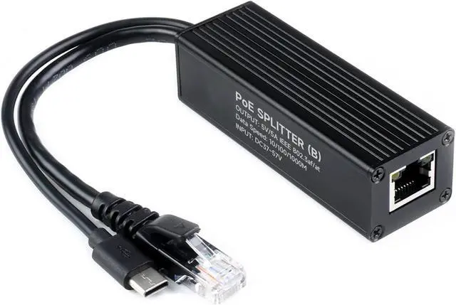 Main image of Industrial Gigabit PoE Splitter for Raspberry Pi 5 4B 3B+ or 5V-Powered Network Camera Devices, Onboard MPS Control Chip, 802.3af/at-Compliant 37V ~ 57V Input, 5V 5A Output, Type-C Power Output Port