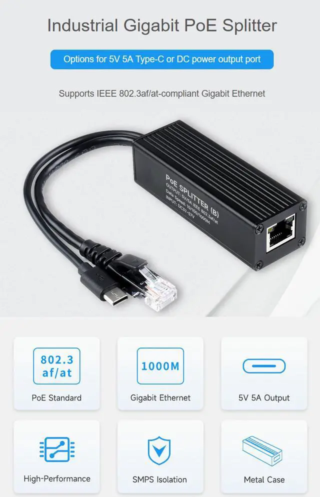 Alt view image 2 of 5 - Industrial Gigabit PoE Splitter for Raspberry Pi 5 4B 3B+ or 5V-Powered Network Camera Devices, Onboard MPS Control Chip, 802.3af/at-Compliant 37V ~ 57V Input, 5V 5A Output, Type-C Power Output Port