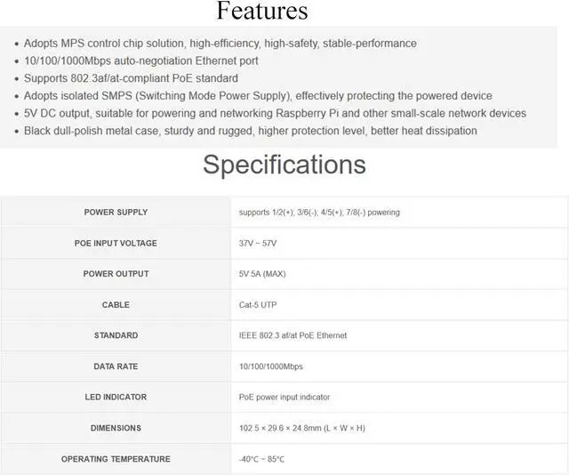 Alt view image 3 of 5 - Industrial Gigabit PoE Splitter for Raspberry Pi 5 4B 3B+ or 5V-Powered Network Camera Devices, Onboard MPS Control Chip, 802.3af/at-Compliant 37V ~ 57V Input, 5V 5A Output, Type-C Power Output Port