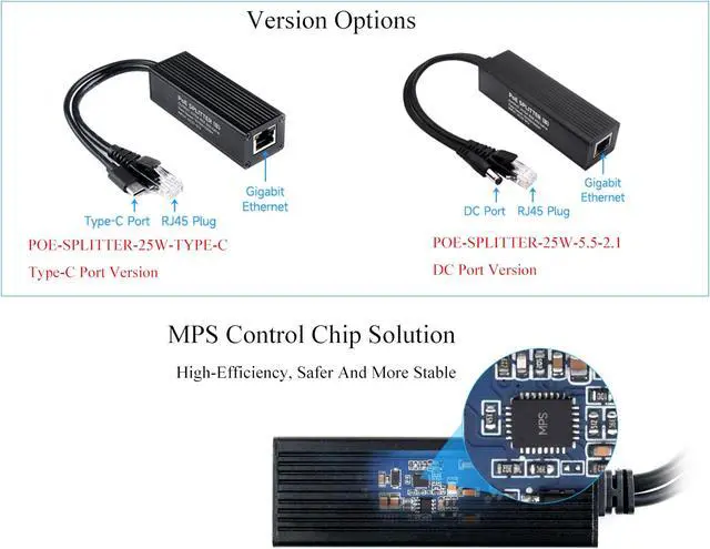 Alt view image 4 of 5 - Industrial Gigabit PoE Splitter for Raspberry Pi 5 4B 3B+ or 5V-Powered Network Camera Devices, Onboard MPS Control Chip, 802.3af/at-Compliant 37V ~ 57V Input, 5V 5A Output, Type-C Power Output Port