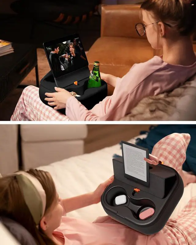 Alt view image 2 of 5 - Viozon Tablet Stand Pillow, Compatible with 4-13" Phone/Tablet, iPad, iPhone, Samsung,Kindle,Google, Magnetic Phone Stand for Desk, Kindle Pillow Stand for Bed with Cozy Fabric,and Two Cup Size Bowl.B