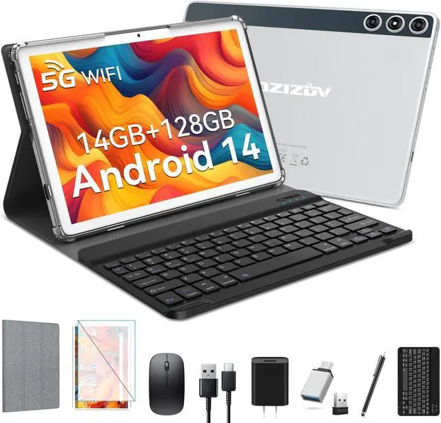 Main image of Android 14 Tablet, 4G Cellular Tablets with Dual Sim Slot, 14GB RAM 128GB ROM (TF 1TB) 10 inch Tablet, 2 in 1 Tablets with Keyboard/Case, Octa-Core, Incell Display, 5G WiFi+4G LTE, 8000mAh GPS, Silver