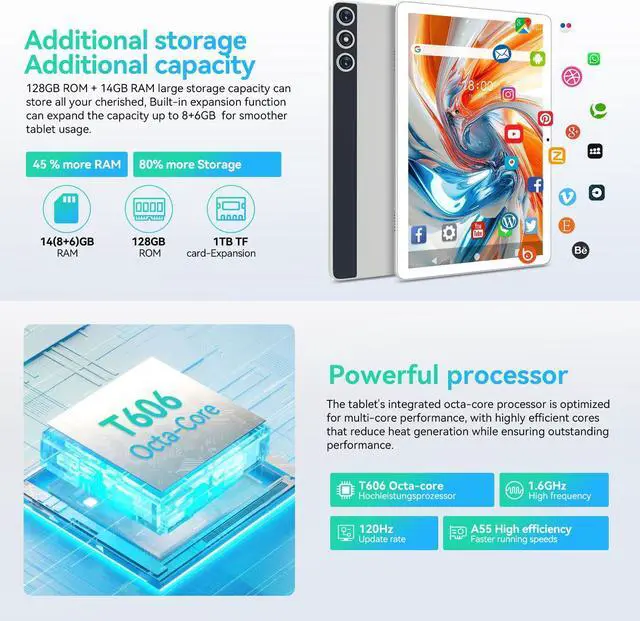 Alt view image 3 of 5 - Android 14 Tablet, 4G Cellular Tablets with Dual Sim Slot, 14GB RAM 128GB ROM (TF 1TB) 10 inch Tablet, 2 in 1 Tablets with Keyboard/Case, Octa-Core, Incell Display, 5G WiFi+4G LTE, 8000mAh GPS, Silver