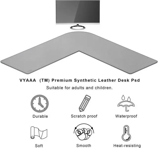 Alt view image 5 of 5 - Vyaaa L-Shaped Leather Desk Pad Protector,Large Gaming Mouse Pad,Office and Home Desk Mat, 51 x 51 x 15.7 Inch, Light Gray