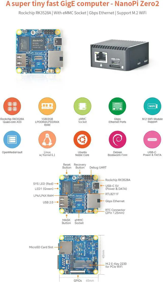 Alt view image 5 of 5 - NanoPi Zero2 Mini WiFi Router, Portable Fast GigE Computer, 1GB/2GB LPDDR4X RAM Rockchip RK3528A SoC, 4K H265/H264 Decoder, Gigabit Ethernet Port for IoT Smart Gateway (2GB with M.2 WiFi Module)