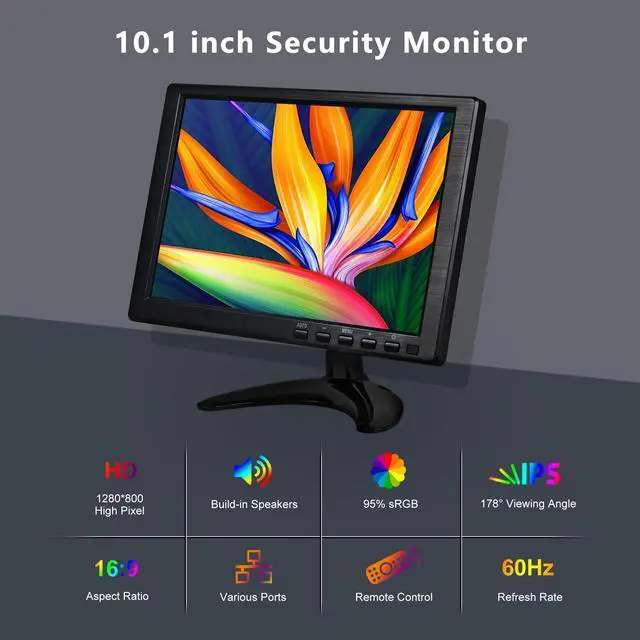 Alt view image 3 of 5 - CCTV Monitor, 10.1 Inch Small Monitor 1280 * 800 IPS Portable Display with Stand Built-in Speakers Housing Screen Remote Control DMI/VGA/BNC/USB Input for Security Camera Xbox PC