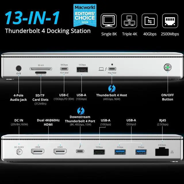 Alt view image 2 of 5 - WAVLINK Thunderbolt 4 Hub with Dual HDMI 4K@60Hz,100W Charging, Thunderbolt Certified, 13-in-1 Thunderbolt 4 Dock Dual Monitor Single 8K Output for Windows or Mac, 4X USB, 2.5G Ethernet,SD/MicroSD