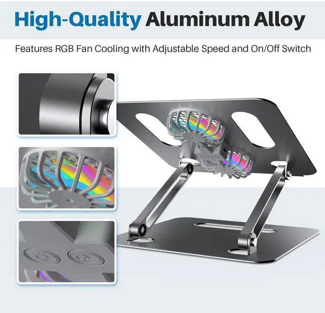 Alt view image 3 of 5 - YICOSUN Adjustable Laptop Cooling Stand with 2 Quiet Fans & RGB Lighting, Aluminum Alloy & Foldable Ergonomic Design for MacBook, Lenovo, ASUS, Dell 10-16 Inch, Perfect for Gaming, DJ, Office - Gray
