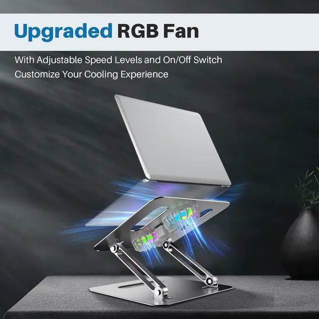 Alt view image 2 of 5 - YICOSUN Adjustable Laptop Cooling Stand with 2 Quiet Fans & RGB Lighting, Aluminum Alloy & Foldable Ergonomic Design for MacBook, Lenovo, ASUS, Dell 10-16 Inch, Perfect for Gaming, DJ, Office - Gray