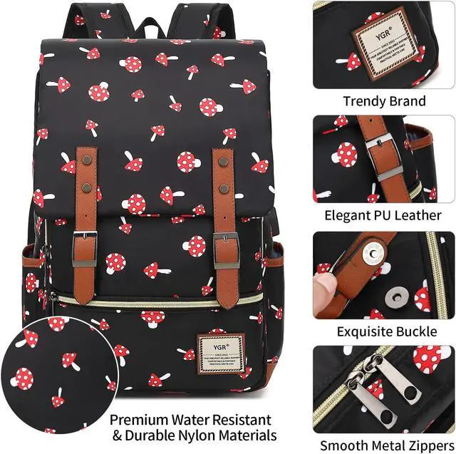 Alt view image 5 of 5 - YGR Floral Laptop Backpack for Women, Female, College, Travel, Business, Outdoor Sports, Office, Work (Mushroom)