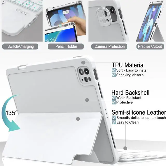 Alt view image 3 of 5 - ZENLU iPad Pro 11 inch 2024 Case with Keyboard Detachable, Rugged Protective Case with 7-Color Backlit Keyboard, Multi-Touch Trackpad, Pencil Holder, Vertical Kickstand for iPad Pro 11" M4 (White)