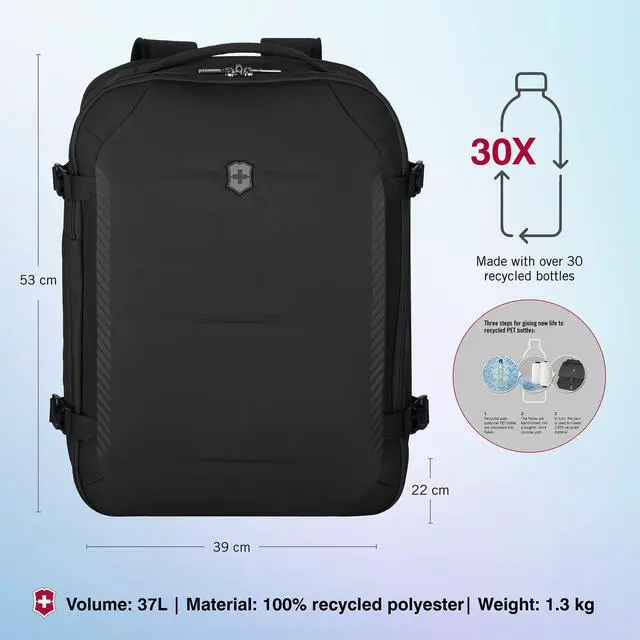Alt view image 3 of 5 - Victorinox Crosslight Boarding Bag - Lightweight Laptop Backpack for Traveling Essentials - Sleek Business Backpack Made from Recycled Materials - Black