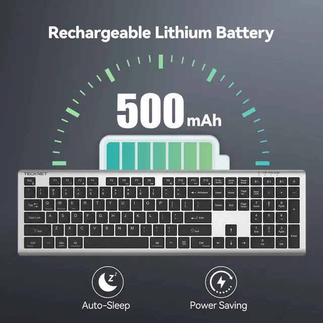 Alt view image 5 of 5 - TECKNET Bluetooth Keyboard Rechargeable, 4-Device Free Switching (2.4G+BT), Ultra-Slim Full Size Wireless Keyboard, Quiet Typing, for PC/Laptop/Smart TV/Phone, Adjustable Stand, 12 Multimedia Keys