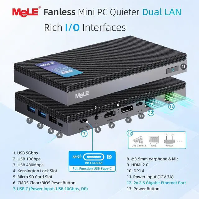 Alt view image 4 of 5 - MeLE Quieter DL Ultrathin Fanless N100 Mini PC Dual 2.5G LAN 8GB LPDDR4x 256GB SSD Micro PC 2X HDMI 4K USB-C DP1.4 Triple Display 2.4/5GHz WiFi BT5.1 Small Desktop Computer on Soft Router, NAS, IoT