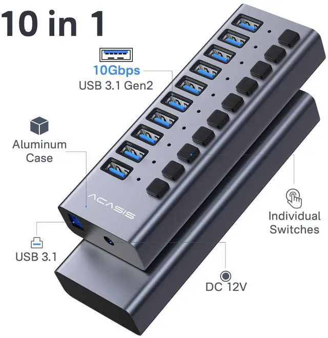 Alt view image 2 of 5 - ACASIS 10 Ports USB 3.1 Hub Bundle with Powered USB 3.0 Hub, Include 10 * 10Gbps USB 3.1 A, 2*USB C 3.0+4 Smart Charging Port, 60W & 48W Power Adapter, USB Hub for PC/Laptop, Computer