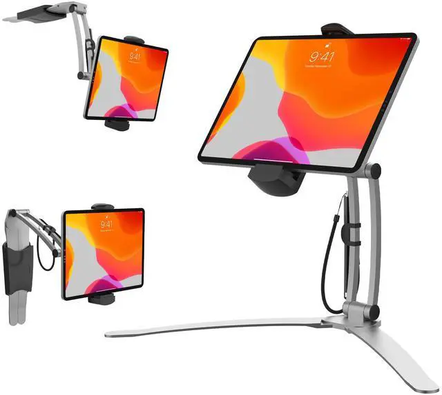 Main image of 3-in-1 Mount Stand  CTA Multi-Flex Tablet Base and Support Installs on Walls or Folds for iPad 10th Gen 10.9" - 7/8/9 Gen 10.2 - Air 4 - Pro 11 - Galaxy Tab S3 - Silver (PAD-KMSB)