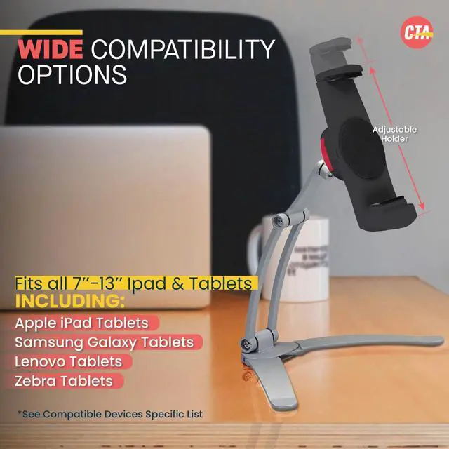 Alt view image 3 of 5 - 3-in-1 Mount Stand  CTA Multi-Flex Tablet Base and Support Installs on Walls or Folds for iPad 10th Gen 10.9" - 7/8/9 Gen 10.2 - Air 4 - Pro 11 - Galaxy Tab S3 - Silver (PAD-KMSB)