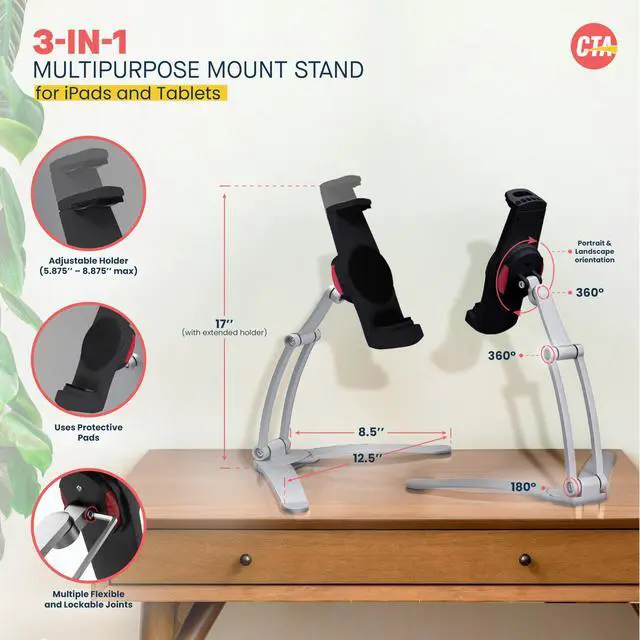 Alt view image 2 of 5 - 3-in-1 Mount Stand  CTA Multi-Flex Tablet Base and Support Installs on Walls or Folds for iPad 10th Gen 10.9" - 7/8/9 Gen 10.2 - Air 4 - Pro 11 - Galaxy Tab S3 - Silver (PAD-KMSB)