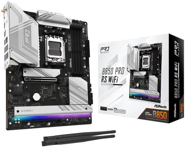 Main image of ASRock AMD B850 Pro RS WiFi 6E Socket AM5 Ryzen 9000/8000/7000 Series DDR5 up to 8000+ (OC) MHz 256GB ATX Motherboard M.2 SATA3 6.0 Gb/s PCIe 5.0 BIOS Flashback 2.5G LAN