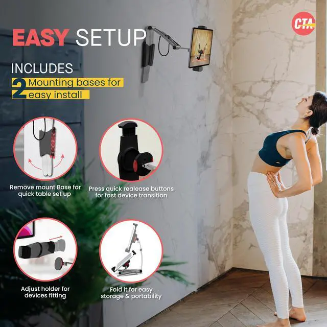 Alt view image 5 of 5 - 3-in-1 Mount Stand  CTA Multi-Flex Tablet Base and Support Installs on Walls or Folds for iPad 10th Gen 10.9" - 7/8/9 Gen 10.2 - Air 4 - Pro 11 - Galaxy Tab S3 - Silver (PAD-KMSB)