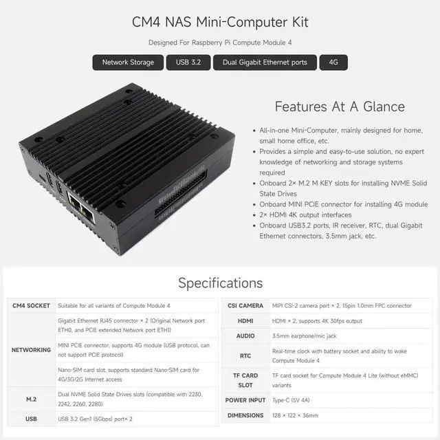 Alt view image 3 of 5 - waveshare NAS Multi-Functional Mini-Computer Designed for Raspberry Pi Compute Module 4 (NOT Included), Network Storage, 4G Network, Metal Case