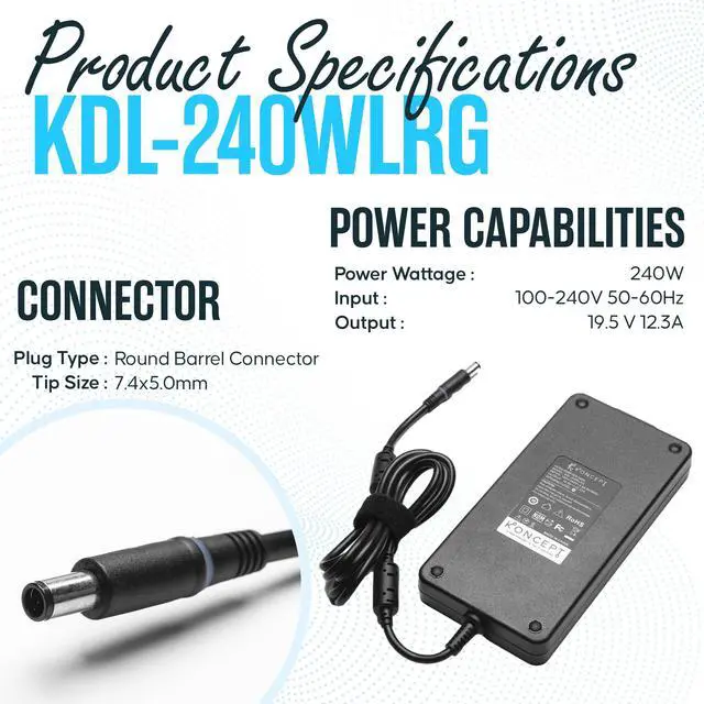 Alt view image 4 of 5 - Laptop Charger 240W (UL Safety Certified) 19.5V 12.3A Power Supply Fit for Dell Alienware M17 R1 R2 R3 R4 R5 M17X R2 R3 M18X Area-51m R2 G5 G7 Gaming Laptop Power Cord AC Adapter