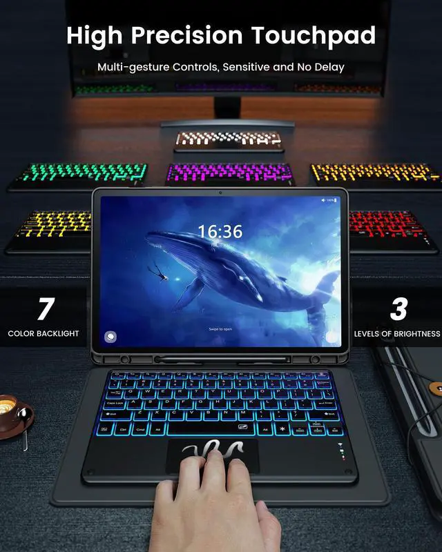 Alt view image 3 of 5 - INFILAND Keyboard Case for Samsung Galaxy Tab S10 Plus/S9 Plus /S9 FE+ (12.4 inch) with 7-Color Backlight & High Precision Trackpad, Slim and Portable Detachable Folder Style Keyboard Case,Black