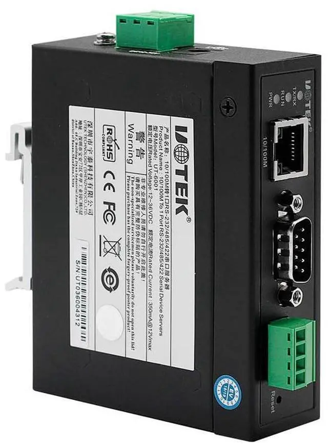 Alt view image 3 of 3 - UOTEK RS232 to 100M Ethernet Device Server RS85 RS422 TCPIP 10/100M TCP/IP to 1 Port RS-232/485/422 Serial Device Server UT-6801A(DIN-Rail Mounted)