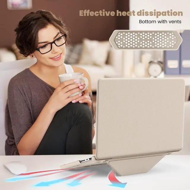 Alt view image 4 of 5 - Batianda Premium PU Leather Case for New M4 MacBook Pro 16 inch 2024 2023 2021 M3 M2 M1 Pro/Max Chip Business Elegant Protective Cover with Foldable Stand, Full Protection with Anti-Slip Pads, Khaki