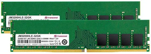 Main image of Transcend 32GB Kit (2x16GB) DDR4 RAM, 3200MHz (or 2666MHz) Desktop Memory UDIMM Compatible w/Intel & AMD Ryzen PC Memory Module, PC4-25600 1Rx8 2Gx8 CL22 1.2V 288 Pin Unbuffered Gaming Desktop Memory