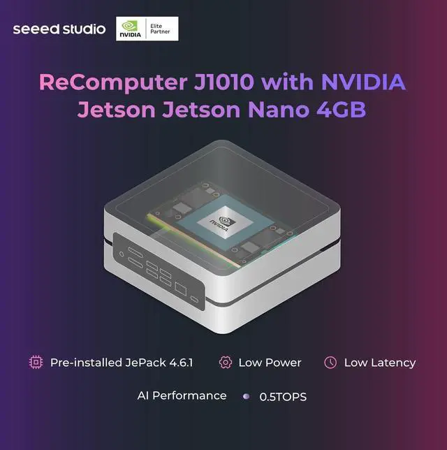 Alt view image 2 of 5 - Seeed studio NVIDIA Jetson Nano Edge AI Device - reComputer J1010 Kit, Aluminium Case, Pre-Installed Jetpack System. Mini PC with 0.5 TFLOPs (FP16), Power Supply NOT Included
