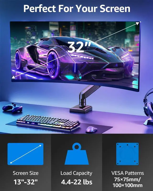 Alt view image 2 of 5 - Single Monitor Mount for 13-32 inch Screen, Gas Spring Arm, Gaming & Home Office Use, VESA 75x75mm & 100x100mm, Freelift Pro Black