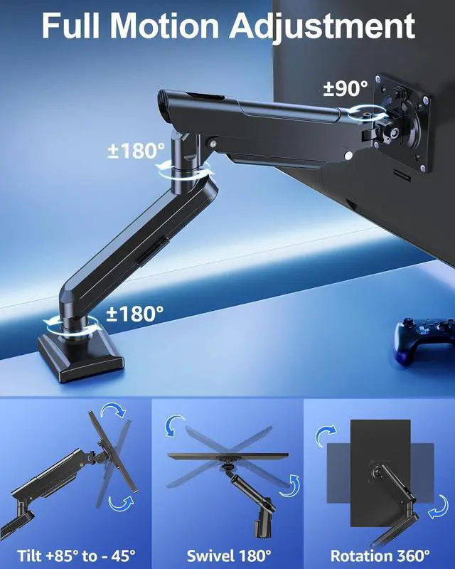 Alt view image 4 of 5 - Single Monitor Mount for 13-32 inch Screen, Gas Spring Arm, Gaming & Home Office Use, VESA 75x75mm & 100x100mm, Freelift Pro Black