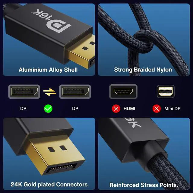 Alt view image 4 of 5 - IVANKY 16K Displayport Cable 10ft, Long DP 2.1 Cable [16K@60Hz, 8K@120Hz, 4K@240Hz/165H, 2K@360], Display Port 2.1 Cable Support HDR10, HDCP 2.2, DSC 1.2a for 3090 Graphics/Gaming Monitor/TV, 10FT