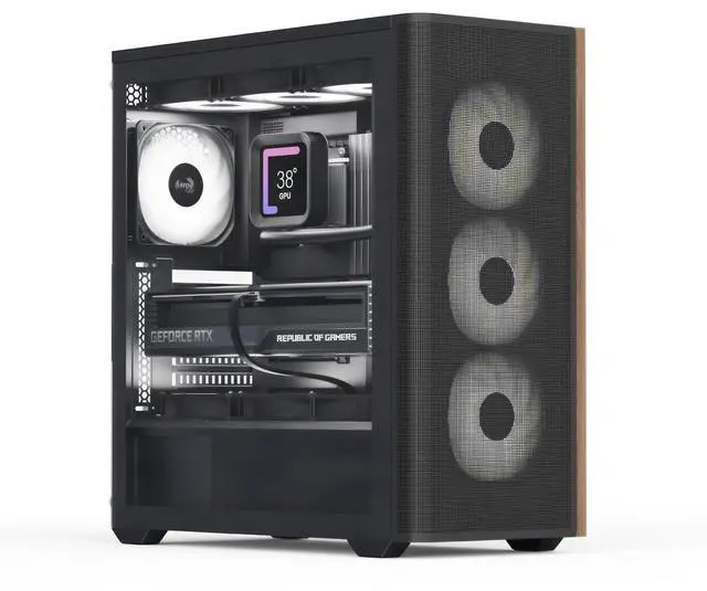 Main image of AeroCool D501A Mid Tower Case, Wood-Accented Mesh Front, 360mm Radiator Support, 11 Fan Slots, 400mm GPU, ATX/m-ATX/Mini-ITX, Magnetic Dust Filters, SPCC Steel Construction, Trendy PC Build, Black