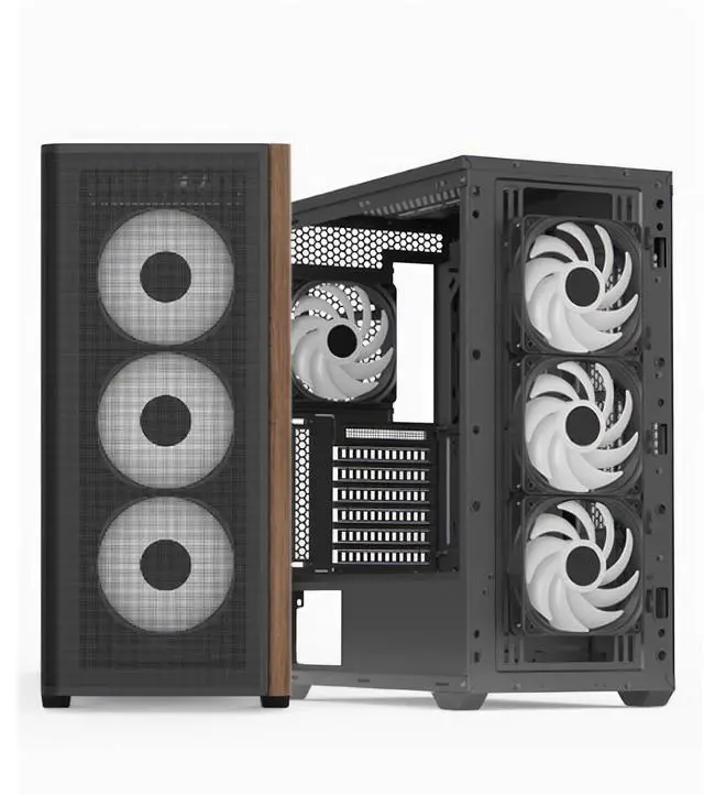 Alt view image 2 of 5 - AeroCool D501A Mid Tower Case, Wood-Accented Mesh Front, 360mm Radiator Support, 11 Fan Slots, 400mm GPU, ATX/m-ATX/Mini-ITX, Magnetic Dust Filters, SPCC Steel Construction, Trendy PC Build, Black