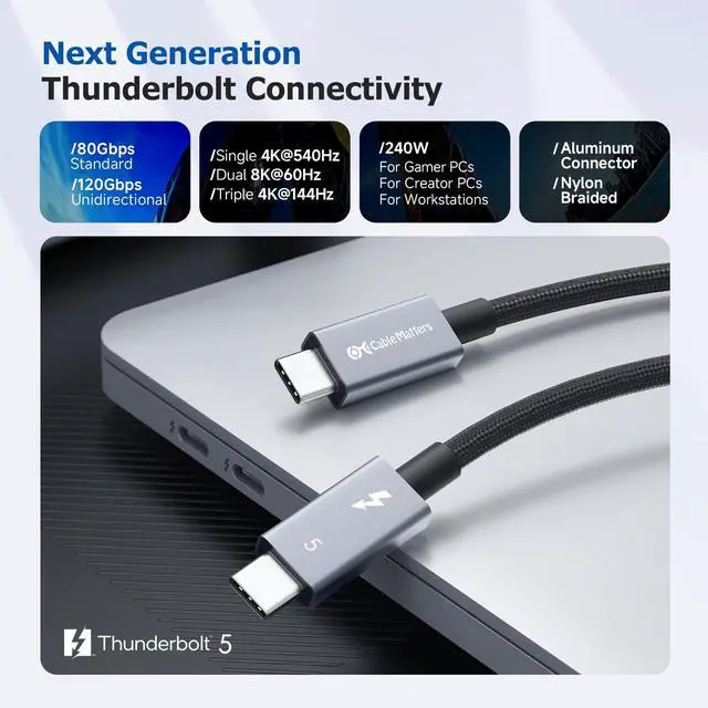 Alt view image 2 of 5 - Cable Matters [Intel Certified] 80Gbps Premium Braided Thunderbolt 5 Cable with up to 120Gbps Bandwidth Boost and 240W Charging in Black - 1m / 3.3ft, Compatible with Thunderbolt 4/3, USB4, and USB-C