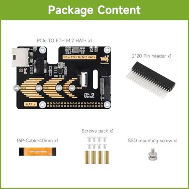 Alt view image 2 of 5 - Waveshare PCIe to ETH and M.2 Adapter, Compatible with Raspberry Pi 5, Compatible with 2280/2260 / 2242/2230 Size NVMe Protocol M.2 SSD, 5Gbps Data Rate, High-Speed Reading/Writing