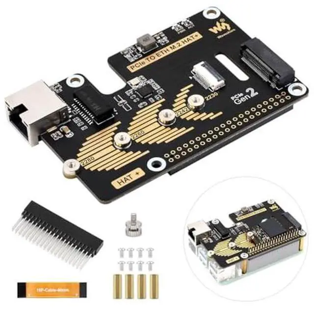 Main image of Waveshare PCIe to ETH and M.2 Adapter, Compatible with Raspberry Pi 5, Compatible with 2280/2260 / 2242/2230 Size NVMe Protocol M.2 SSD, 5Gbps Data Rate, High-Speed Reading/Writing