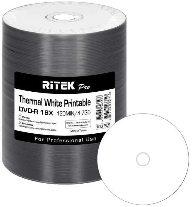 Main image of 100 Pack Ritek Pro (Professional Grade) DVD-R 16X 4.7GB AZO Dye (MID MXL RG04) White Thermal Hub Printable Blank Media Recordable Disc