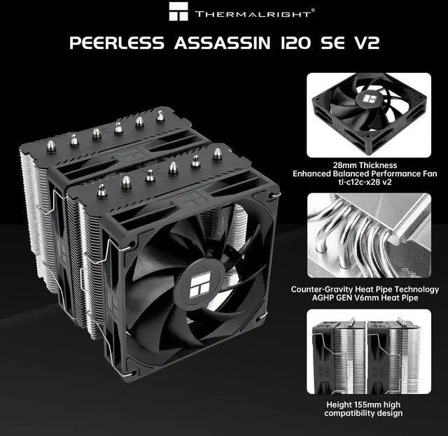 Alt view image 3 of 5 - Thermalright Peerless Assassin 120 SE V2 CPU Air Cooler - 6 Heat Pipes AGHP GEN 5.0 Technology | 1850RPM PWM 120mm Fans, for Intel 1851/1700/115X/1200, AMD AM4/AM5