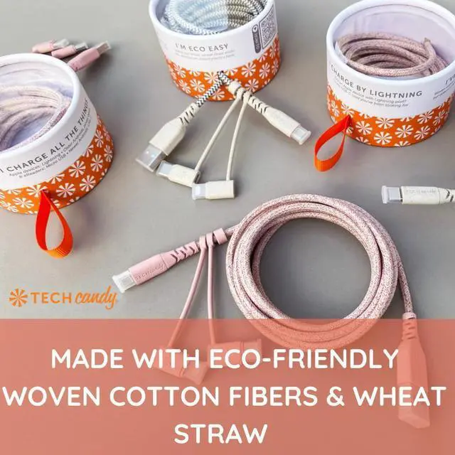 Alt view image 5 of 5 - Tech Candy Eco Charge USB-C to Lightning Cable, Rose/Pink- USB Type C on one end, Lightning on The Other end, 6 Long Cord, Made with Earth Friendly Wheat Straw, Woven Cable, Quality, Flexible