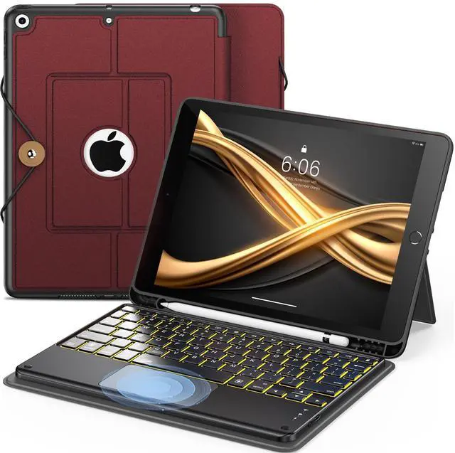 Main image of INFILAND Keyboard Case for iPad 9th/8th/7th Generation 10.2 Inch, 7-Color Backlight & High Precision Trackpad, Slim Detachable Folder Style Keyboard Case with Pencil Holder (02-Burgundy)