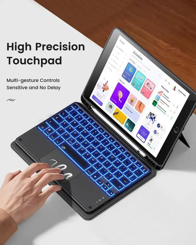 Alt view image 3 of 5 - INFILAND Keyboard Case for iPad 9th/8th/7th Generation 10.2 Inch, 7-Color Backlight & High Precision Trackpad, Slim Detachable Folder Style Keyboard Case with Pencil Holder (02-Burgundy)